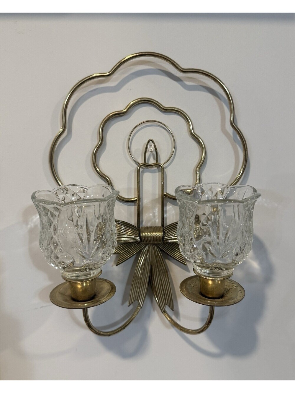 Vintage Home Interiors Brass Wreath & Candle Wall Sconces Gold Brass Tone